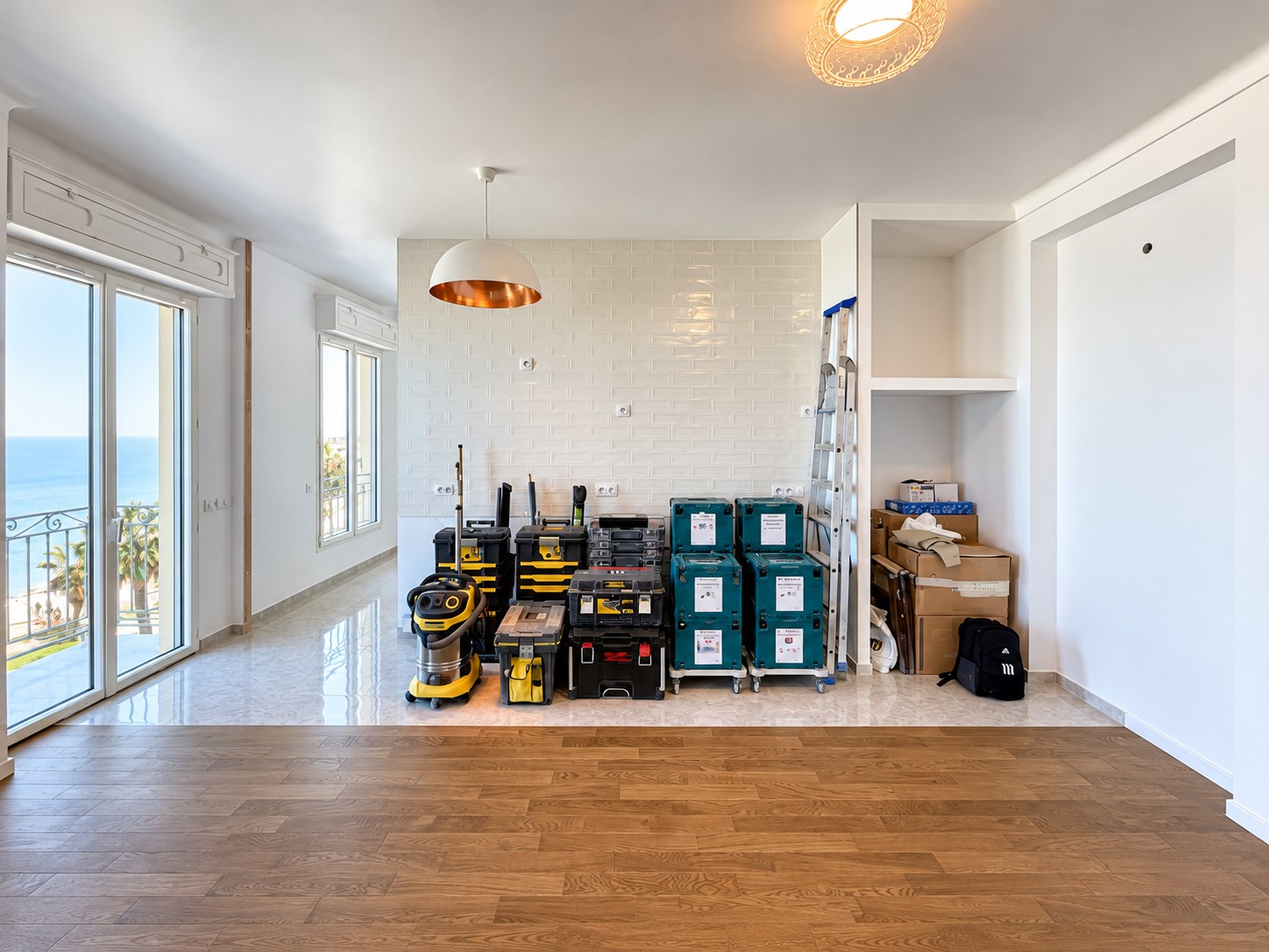 Organised NTR renovation worksite with tools neatly stored in a renovated apartment