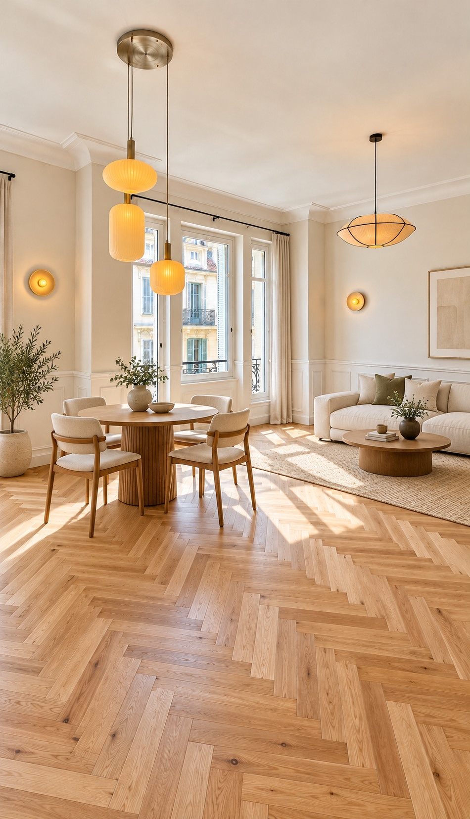 Living room of the Rue Notre-Dame apartment in Nice, with a round table, a sofa and herringbone parquet. Virtually staged.
